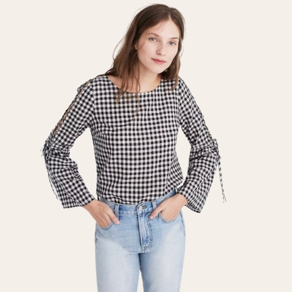 Madewell Gingham Lace-Up Black & White Plaid Bell Sleeve Top - Picture 5 of 9